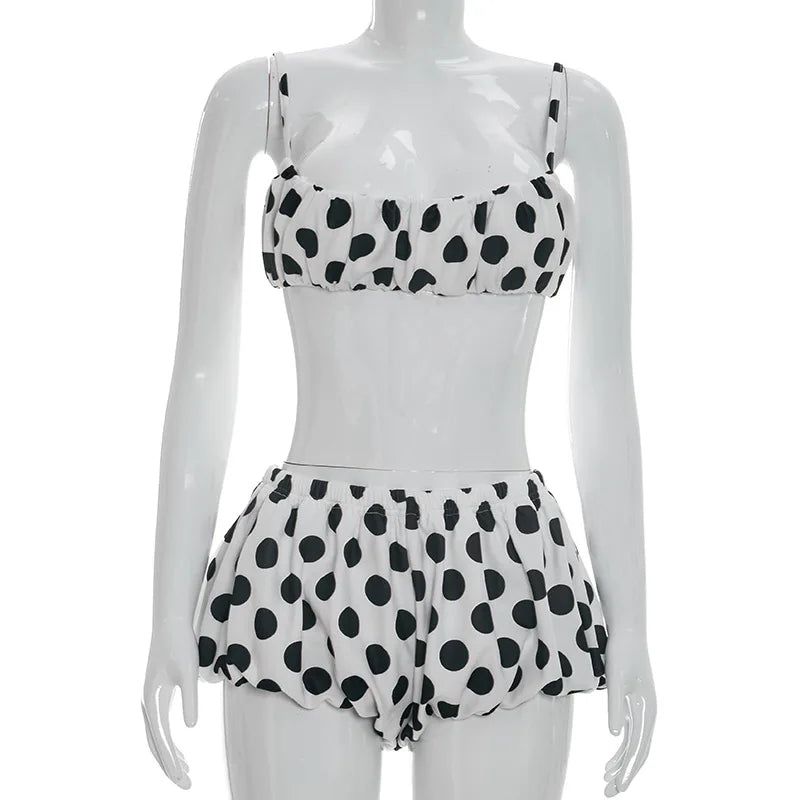 FAGADOER Retro Polka Dot Two Piece Sets Spaghetti Strap Ruched Crop Top + Bubble Puff Shorts Outfits Women Holidays Suits
