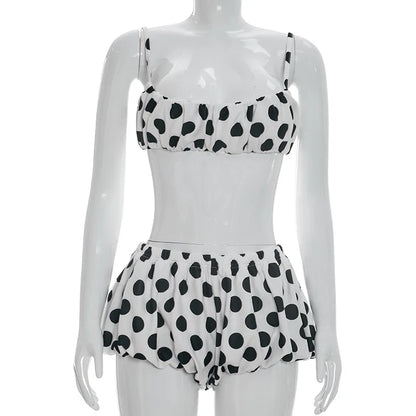 FAGADOER Retro Polka Dot Two Piece Sets Spaghetti Strap Ruched Crop Top + Bubble Puff Shorts Outfits Women Holidays Suits