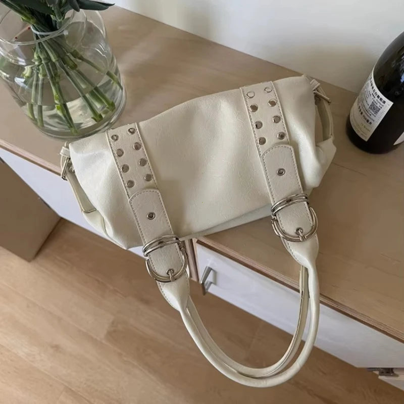 Fashion rivet women Shoulder Bag PU leather Hot girl motorcycle bag bolsa feminina female Underarm Bag ladies big handbag Black
