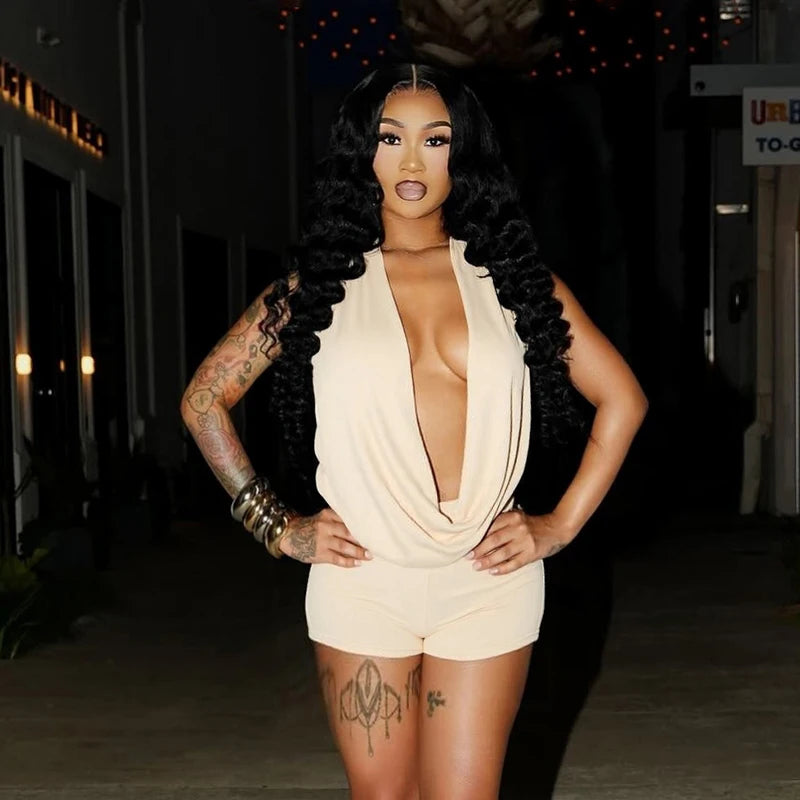 Sexy solid color hanging neck and swinging neck, large backless sleeveless jumpsuit shorts