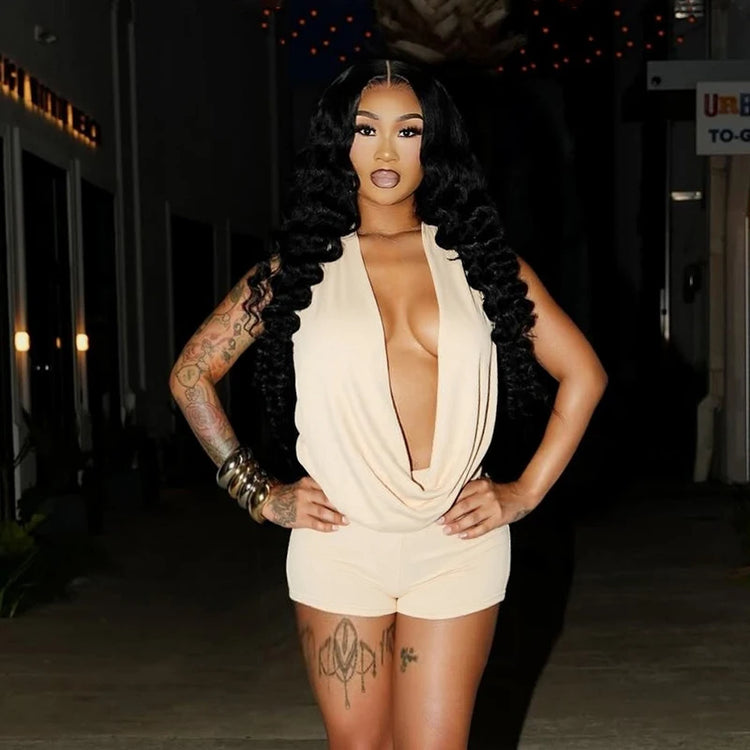 Sexy solid color hanging neck and swinging neck, large backless sleeveless jumpsuit shorts