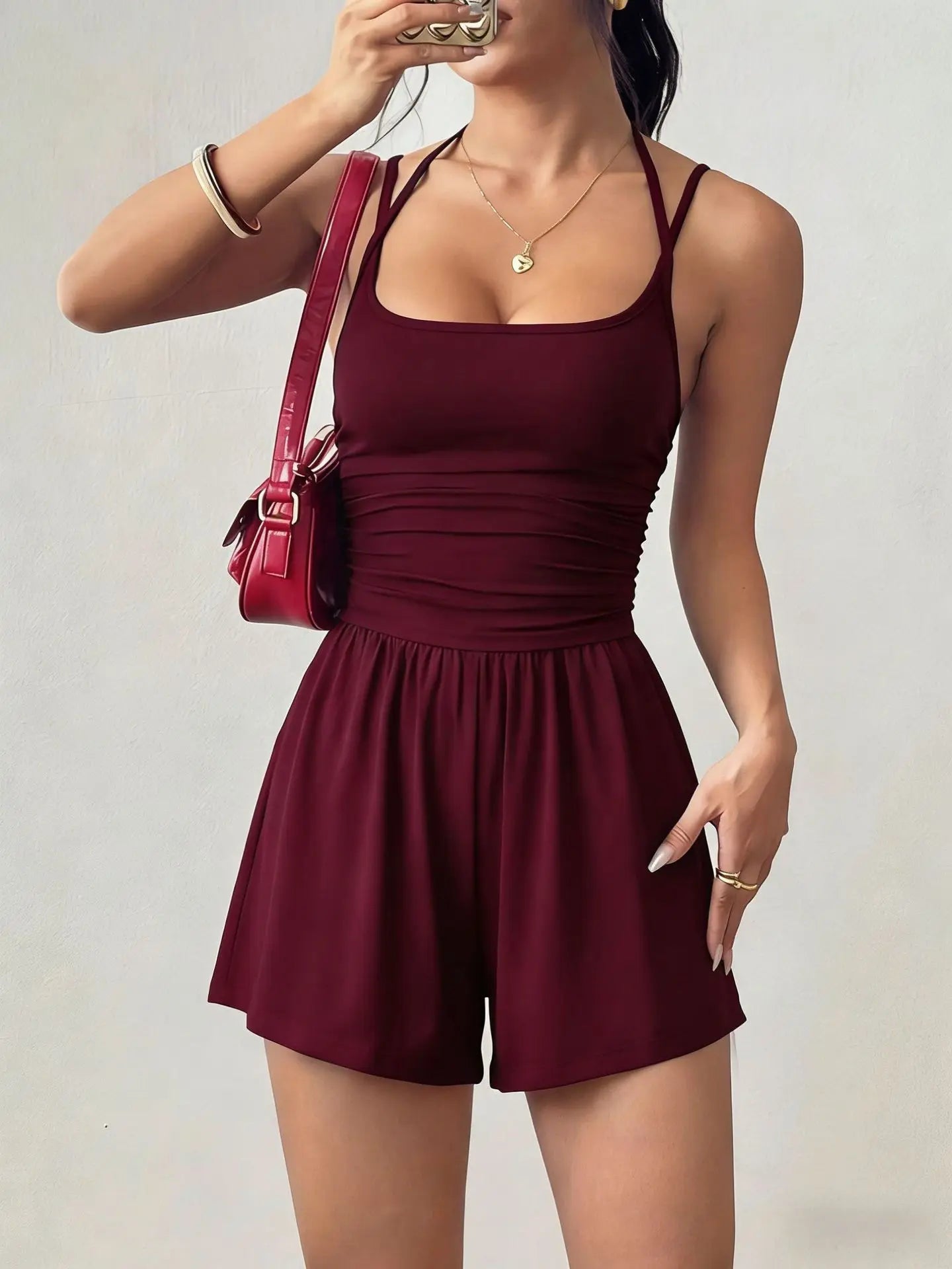 Women Halter Spaghetti Strap Jumpsuits Summer Casual Elastic High Waist Backless Wide Leg Long Pants Romper Club Party Overalls