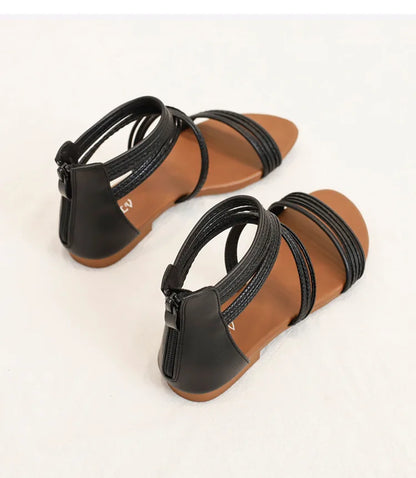 High quality leather flat sandals for women stripe zipper new summer 2026 36 42 open toe casual beach shoe black khaki brown