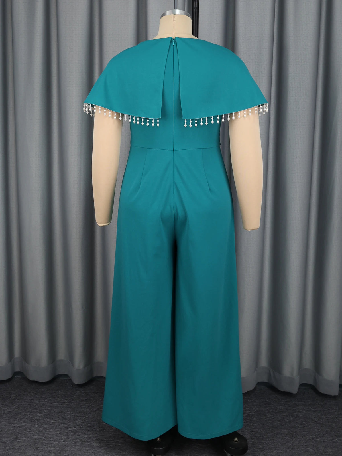 Stylish Women Jumpsuit Cloak Sleeve Beaded Trim Belted Waist Wide Leg Pants Elegant Formal Christmas Cocktail Evening Party Wear