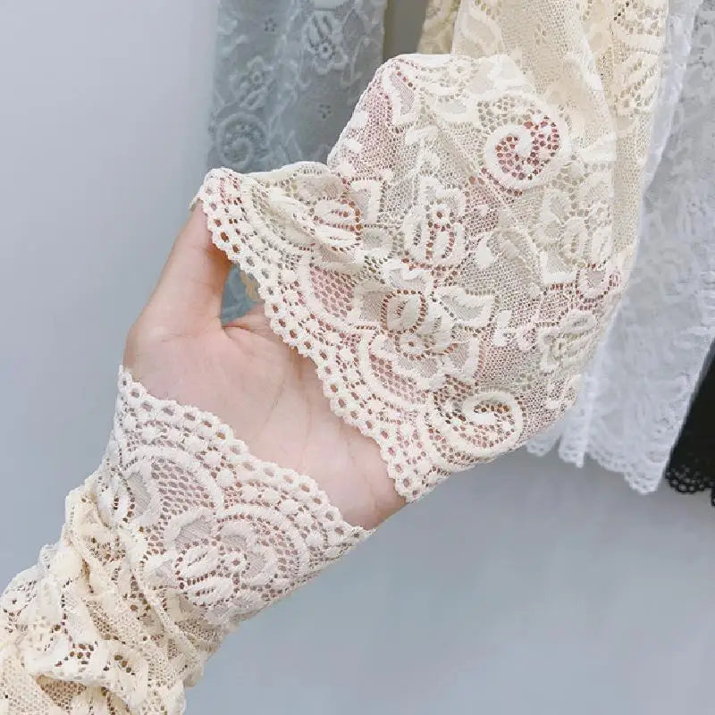 Women Summer Ice Silk Lace Arm Sleeve Elastic Sleeve Driving Gloves Black White Long Fingerless Mittens Sunscreen Gloves