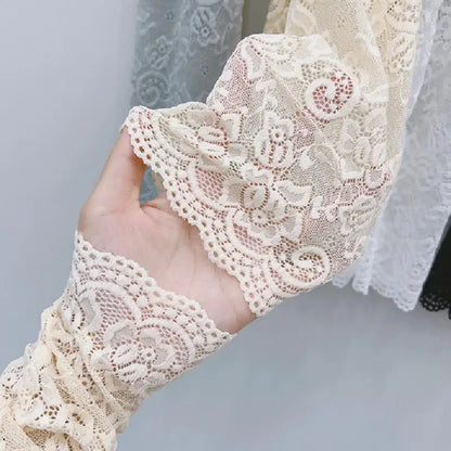 Women Summer Ice Silk Lace Arm Sleeve Elastic Sleeve Driving Gloves Black White Long Fingerless Mittens Sunscreen Gloves