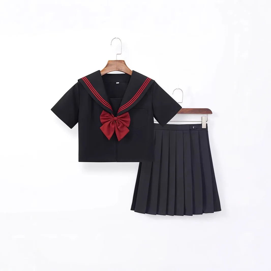 Black Japanese School Uniform Set with Long Sleeves Sailor Suit Soft Sister Skirt Floral Pattern Student Outfit