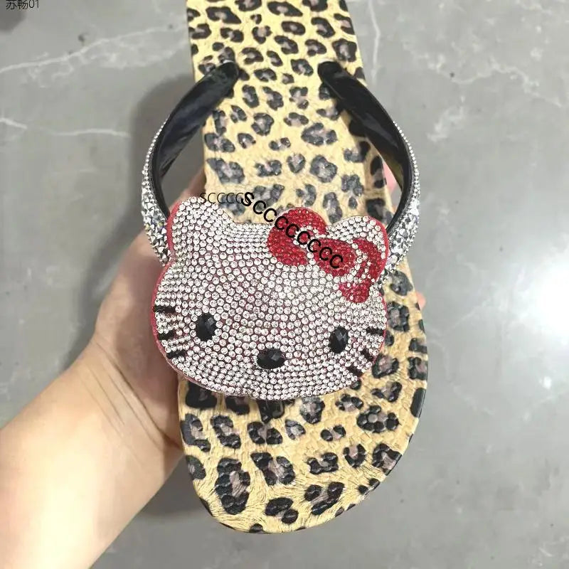 Hello Kitty Rhinestone Flip Flops Leopard Print Y2K Women Bling Non-Slip Summer Beach Casual Thong Sandals Actual Photos