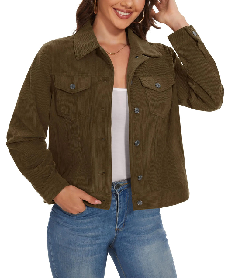 TACVASEN Fashion Corduroy Cargo Jackets Womens Button-Down Soft Warm Casual Outwear Lightweight 4 Pockets Outdoor Workwear Coats