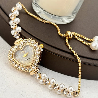 Elegant Heart-Shaped Watch with Double-Row Diamond Pearl Bracelet & Drawstring Closure