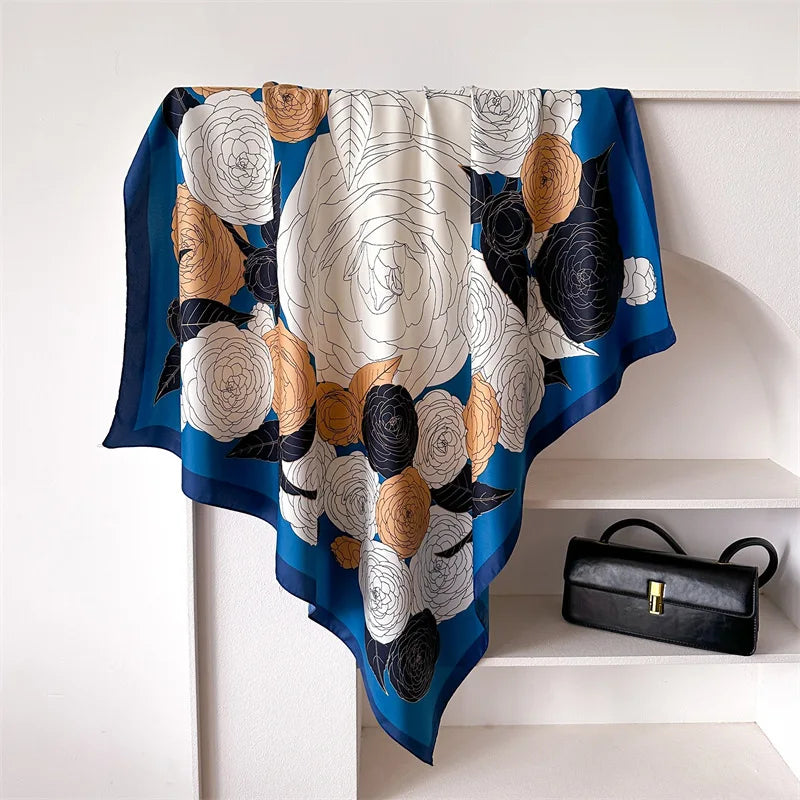 90cm Floral Print Silk Square Scarf Women Luxury Brand Satin Shawls Neckerchief Wrap Scarves Bandana Hair Hjiab Bohemian Style