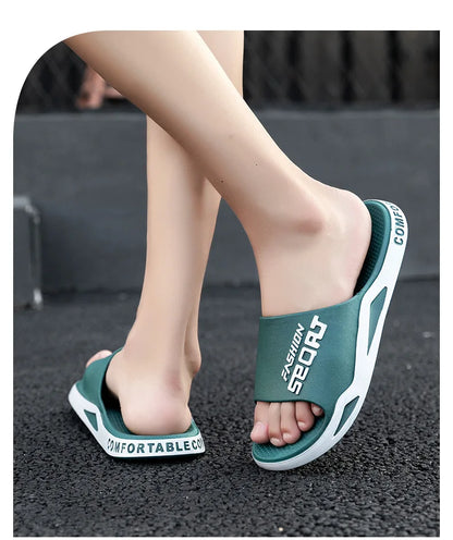Men's Letter Print Slide Sandals Color Block Thick Sole Sport Slippers 2026