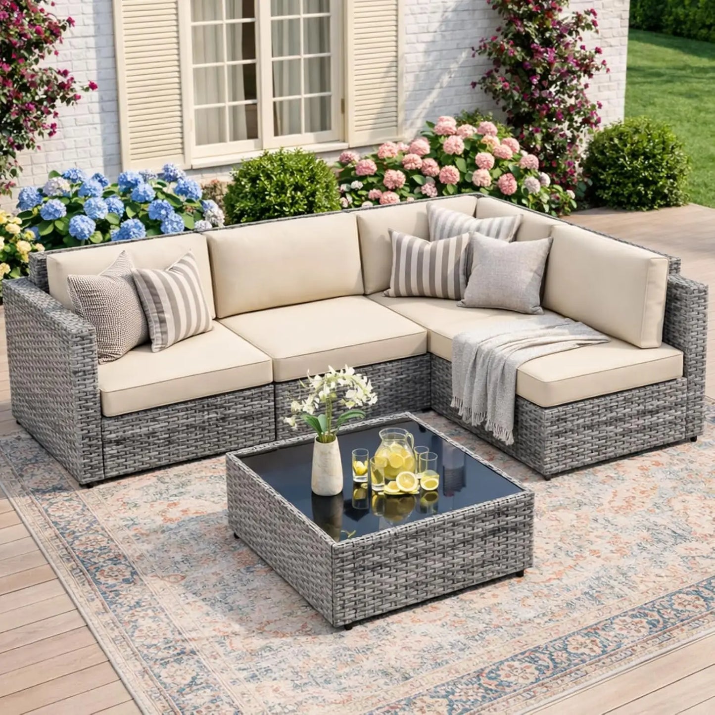 5-Piece Patio Furniture Set, Outdoor Wicker Sectional Sofa with 4-Inch Thick Cushions & Coffee Table, All-Weather PE, Custom