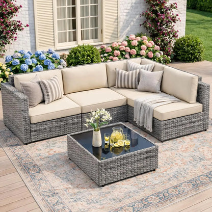 5-Piece Patio Furniture Set, Outdoor Wicker Sectional Sofa with 4-Inch Thick Cushions & Coffee Table, All-Weather PE, Custom