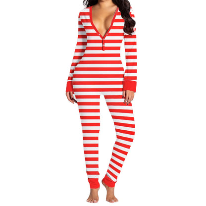 Christmas Women's Jumpsuit Pajamas Long Sleeve V Neck Themed Print Bodysuit Sleepwear with Drop Seat Butt Flap