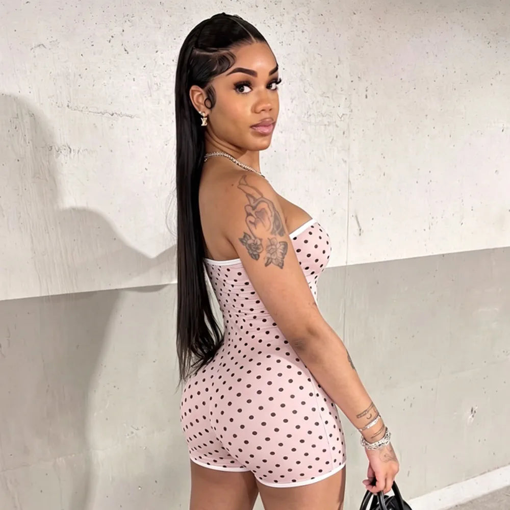 FLARORA Sexy Polka Dot Print Rompers Woman Off Shoulder Sleeveless Backless Skinny Peach Hip Playsuits Hottie Trend Streetwear