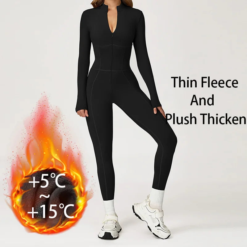 Winter Warm Fleece Sports Jumpsuits Fitness Suits Women's Sportswear Zipper Long Sleeves Tops One-Piece Dance Bodysuit Female