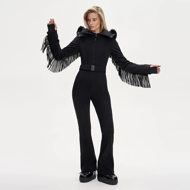 Thicken One-piece Ski Suit Women Faux Fur Hooded Tassels Coat High Waist Belt Jumpsuit 2025 Winter Windproof Waterproof Skiwears
