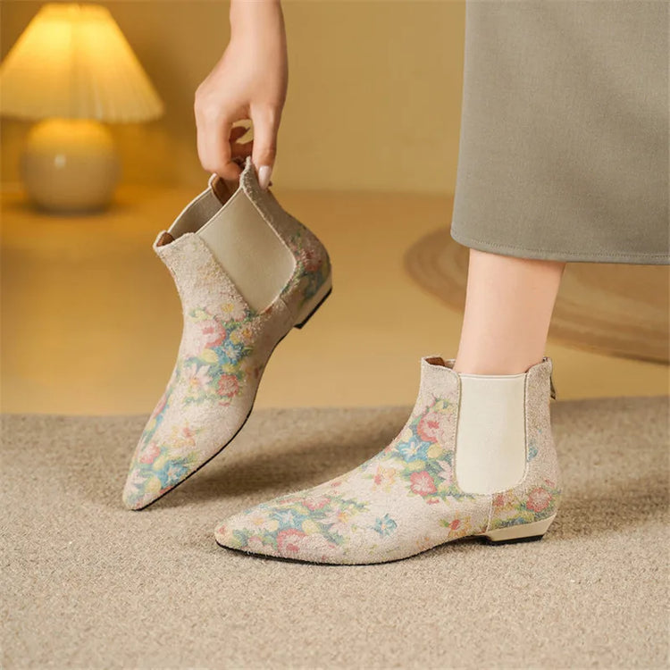 2026 Autumn Winter Cow Suede Women Boots Fashion Printed Pattern Pointed Toe Shoes for Women Low Heels Ankle Boots Chelsea Boots