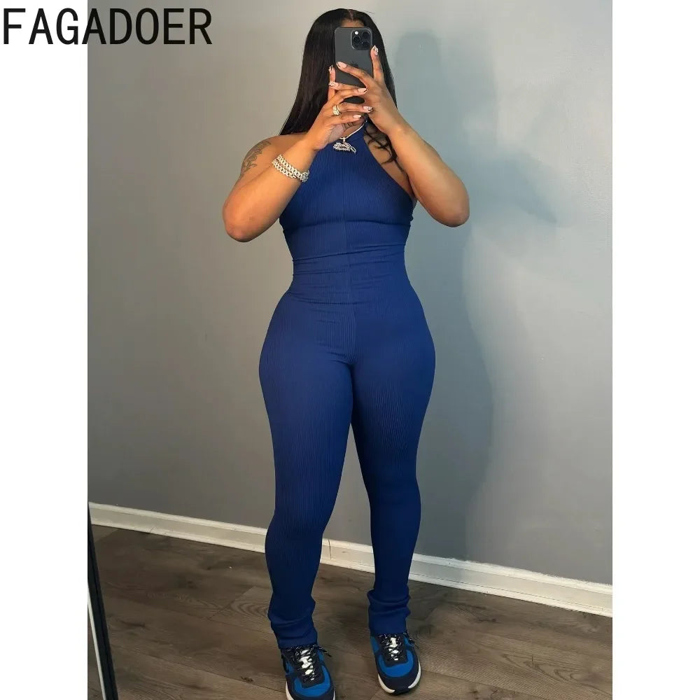 FAGADOER Casual Solid Bodycon Sporty One Pieces Jumpsuits Women Halter Sleeveless Backless Slim Playsuits Female Stacked Overall