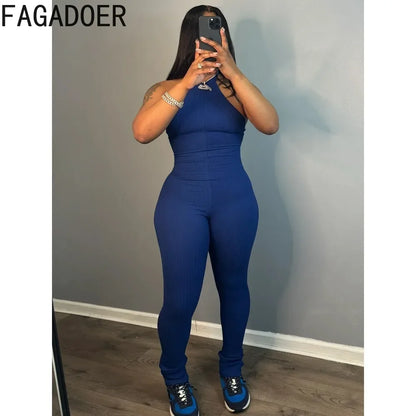 FAGADOER Casual Solid Bodycon Sporty One Pieces Jumpsuits Women Halter Sleeveless Backless Slim Playsuits Female Stacked Overall