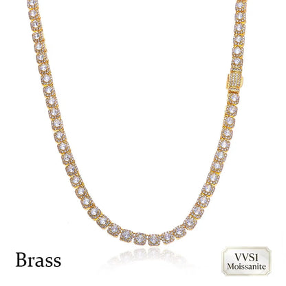 FLEXKING 5mm VVS1 Moissanite Square Tennis Necklace Brass Full Iced Out Chain Men Luxury Hip Hop Streetwear Bling Jewelry