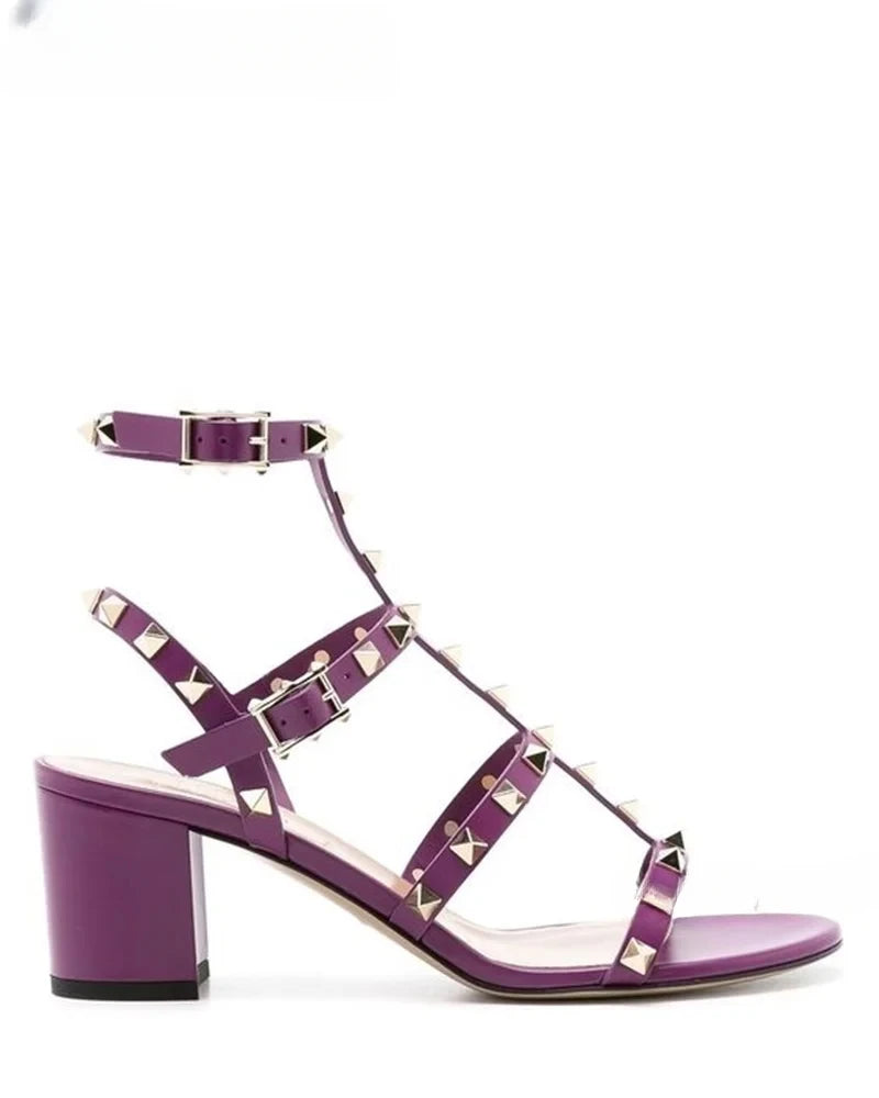Rockstud Open Toe Block Heel Sandals Luxury Designer Ankle Straps Chunky Heels Women Summer Colorful Leather Pumps Dress Shoes