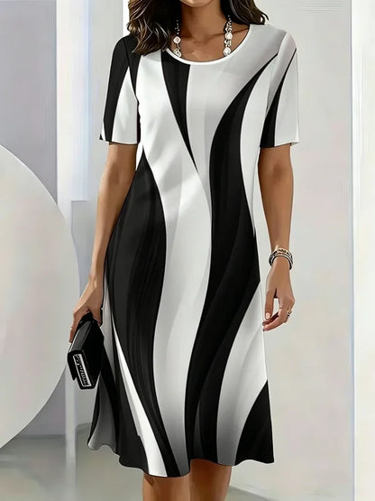Summer Women Dress Fashion Gradient Striped Pattern Printed Dress Short Sleeve O-Neck Loose Casual A-Line Mini Dress