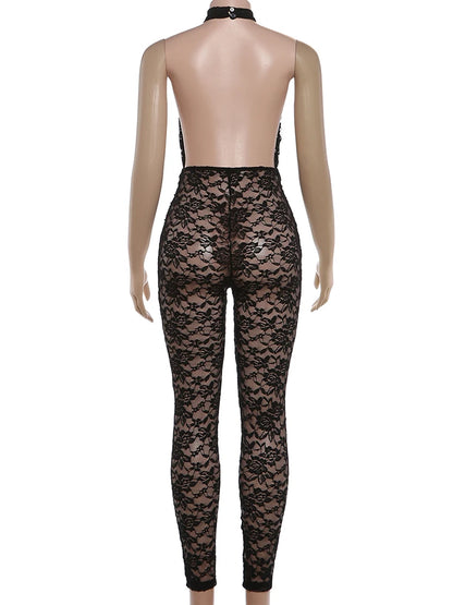 Weird Puss Sexy Jacquard Jumpsuit Women Backless Hollow Halter Trend Sleeveless Stretch Midnight Clubwear Patchwork Overalls