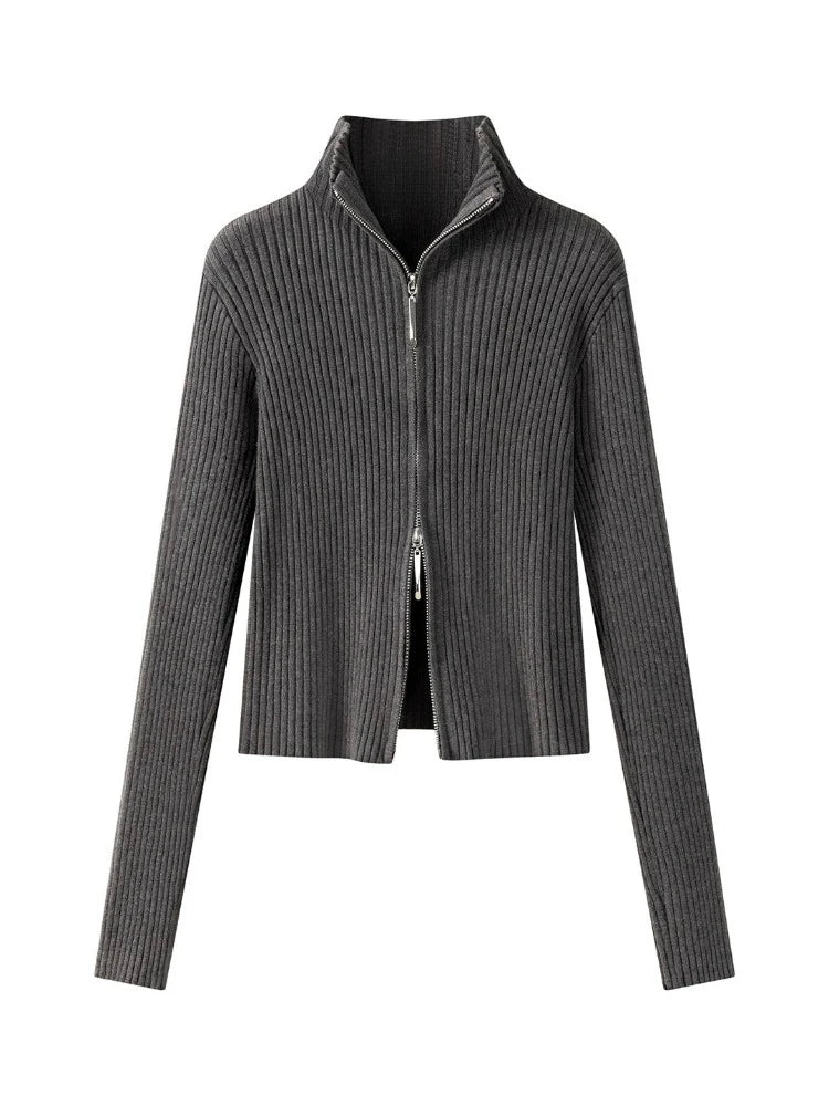 2026 Women's Autumn Winter Knit Cardigan Versatile Office Slim Flattering Cropped Zip-Up Sweater Korean Long Sleeve Outerwear