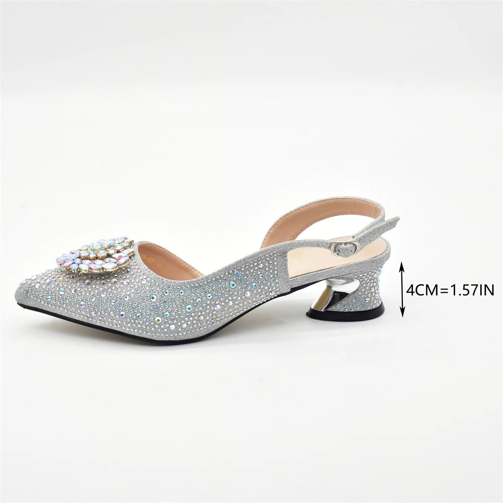 Luxury Designer Silver Italian Matching Shoes and Bag Set Decorated with Rhinestone Shoe and Bag Set for Party in Women Nigerian