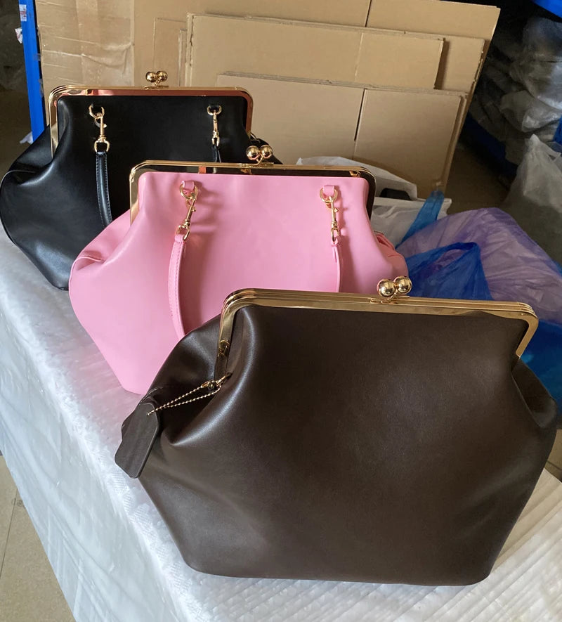 Classic Large Capacity Kisslock Frame Clip Bags For Women Luxury Designer Handbags Purses 2026 New In PU Lock Underarm Shoulder