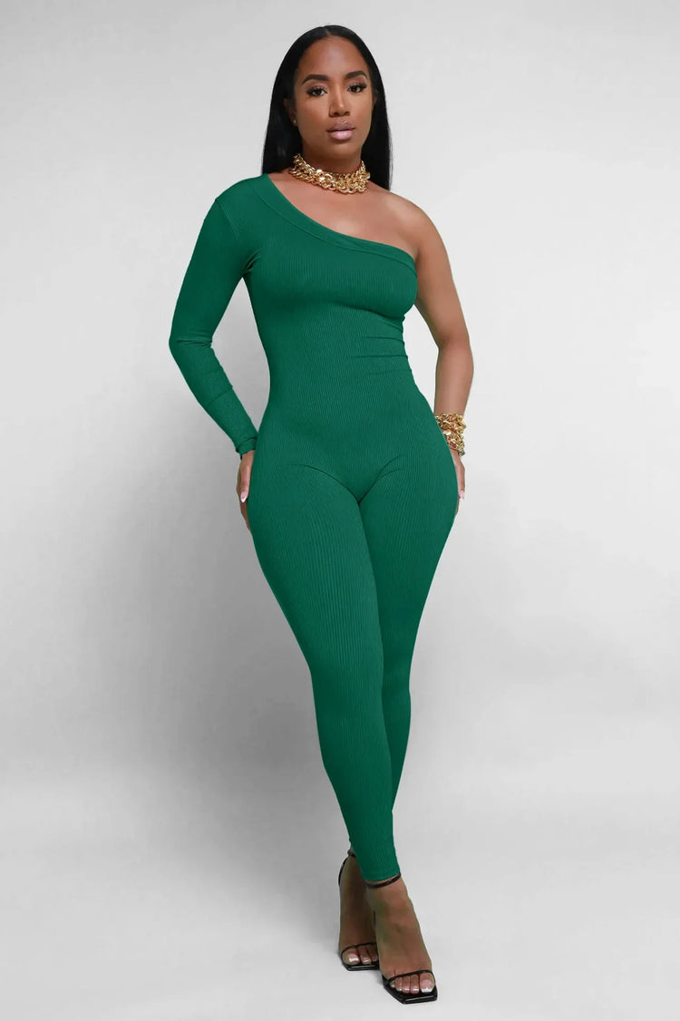 Fashion Knit Ribbed Women One Shoulder Long Sleeve Yoga Sport Sexy Jumpsuit Streetwear Playsuit One Piece Suit Romper Outfit