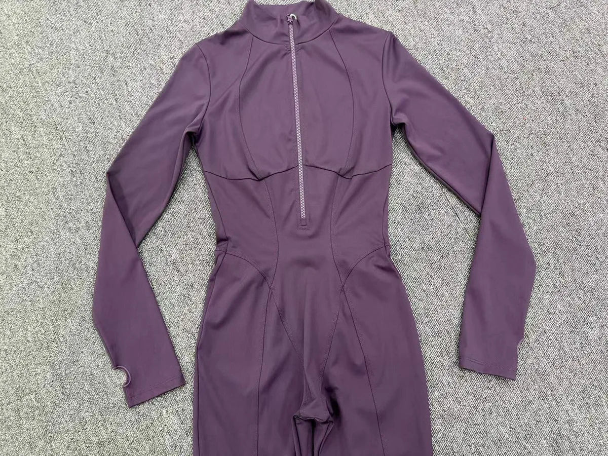 Zipper Jumpsuits for Woman No Padding Sports Overalls for Women Long Sleeve Gym Clothes Woman Activewear 2026 Purple Coffee XL