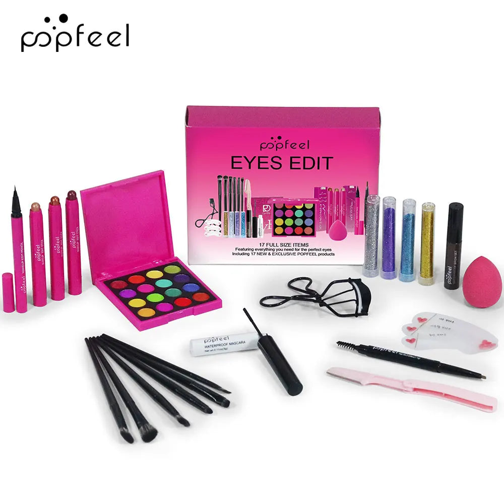 POPFEEL 22-Piece Eye Makeup Set: Includes 16-Color Eyeshadow Palette, Pearl Shimmer, Eyeshadow, Brow Tint, Black Eyeliner