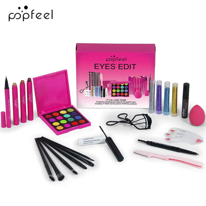 POPFEEL 22-Piece Eye Makeup Set: Includes 16-Color Eyeshadow Palette, Pearl Shimmer, Eyeshadow, Brow Tint, Black Eyeliner