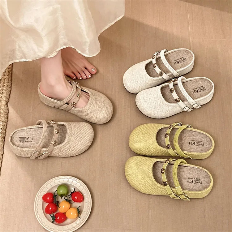 Women's Woven Mary Jane Mules Flat Round Toe Slip-On Shoes with Buckle Straps and Rose Hardware Casual Balletcore Summer Sandals