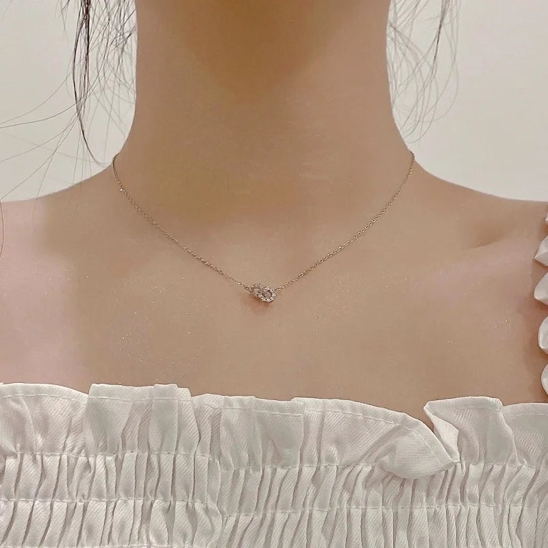 925 Sterling Silver Interlocking Diamond Necklace Light Luxury Double Ring Zircon Pendant Collarbone Chain Simple Jewelry