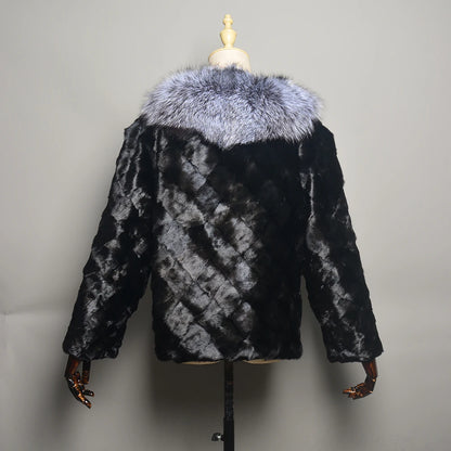 New Real Genuine Natural Mink Fur Coat With Fox Fur Collar Women's Fashion Knit Jacket Cape Lady Winter Real Mink Fur coat