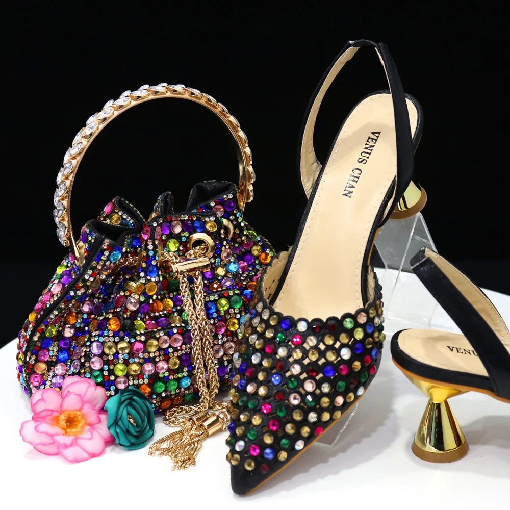 Elegant Multicolor Rhinestone Slingback Heels & Bucket Bag Set Luxury Crystal Matching Kit for Wedding Party Evening Bridal Form