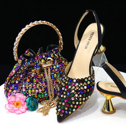 Elegant Multicolor Rhinestone Slingback Heels & Bucket Bag Set Luxury Crystal Matching Kit for Wedding Party Evening Bridal Form