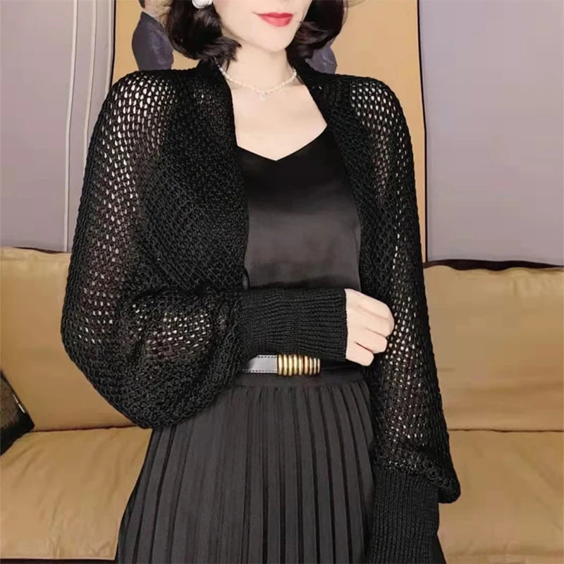 Summer Women Solid Color Hollow Out Long Sleeve Sunscreen Loose Knitted Cardigan