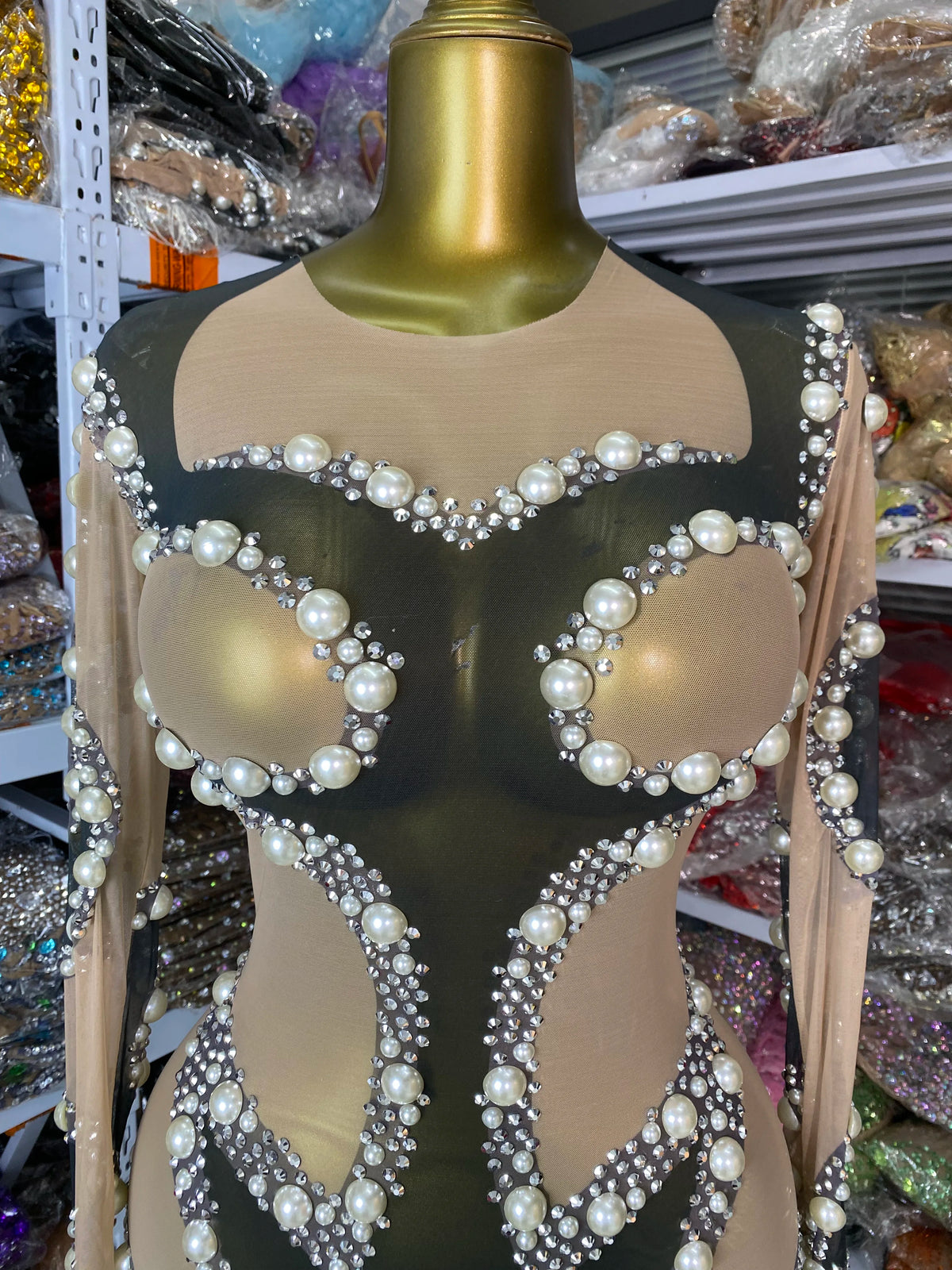 Women Special Occassion Long Sleeve Printed Pearl Studded Bodycon Jumpsuits Y2k Party Evening Club Singer Dancer Stage Costumes