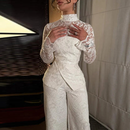 Autumn New Long Sleeve Playsuits Overalls French Style Lace Turtleneck Jumpsuits Elegant Solid Color Hollow Out Wide Leg Rompers