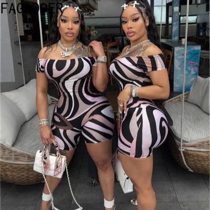 FAGADOER Sexy Stripe Print Bodycon Romper Women Off Showlder Backless One-piece Jumpsuits Hot Girl Streetwear Overalls 2025 New