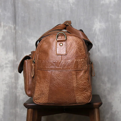 Vintage Large Capacity Men's Top Layer Cowhide Travel Bag Genuine Leather Crossbody Bag Hand-Held Short Distance Luggage Bag