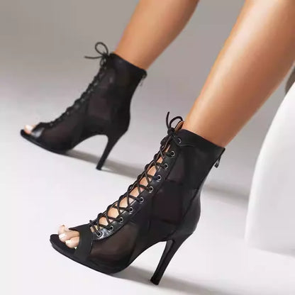 3.7 inches Sexy Women's 9.5cm Platform Ankle Booties Gothic Open Toe Twisted buttocks Dance Shoes Stage Breathable Mesh Punk