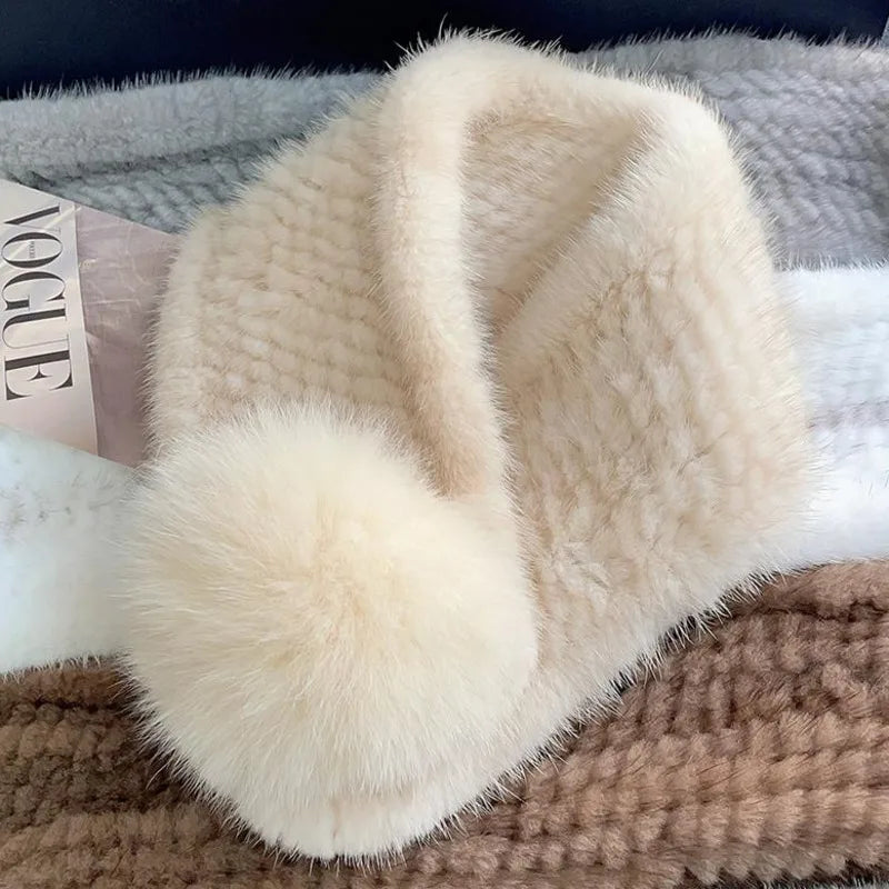Mink Fur Scarf For Women Winter Warm Mink Fur Neck Warmer With Fox Fur Ball Double-Sided Real Fur Scarf Luxury Natural Fur Scarf