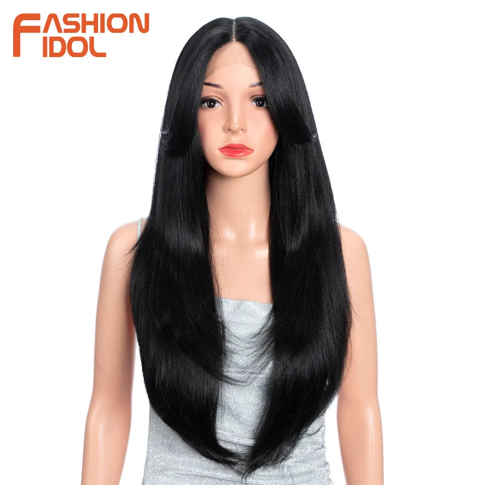 FASHION IDOL 26inch/65cm Straight Hair Lace Front Wigs Synthetic Hair Ombre Blonde Brown Hair Wigs Cosplay Heat Resistant Fiber