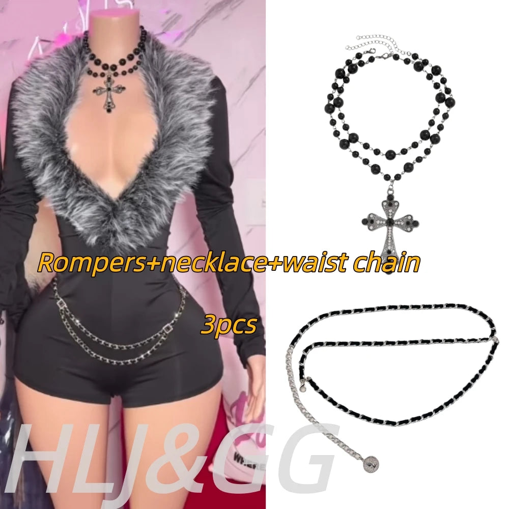 HLJ&GG Black Sexy Fur Splicing Deep V Bodycon One Piece Rompers Women Long Sleeve Slim Jumpsuits Fashion Streetwear With Belt